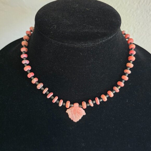 Jewelry - Natural Pink Rhodochrosite Etched Leaf Stone Beaded Necklace 15"